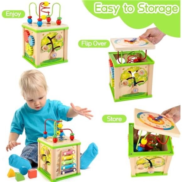 Wooden 7-in-1 Activity Cube| Montessori Toys for 1 2 3 Year Old Toddlers| Baby - Picture 6 of 7